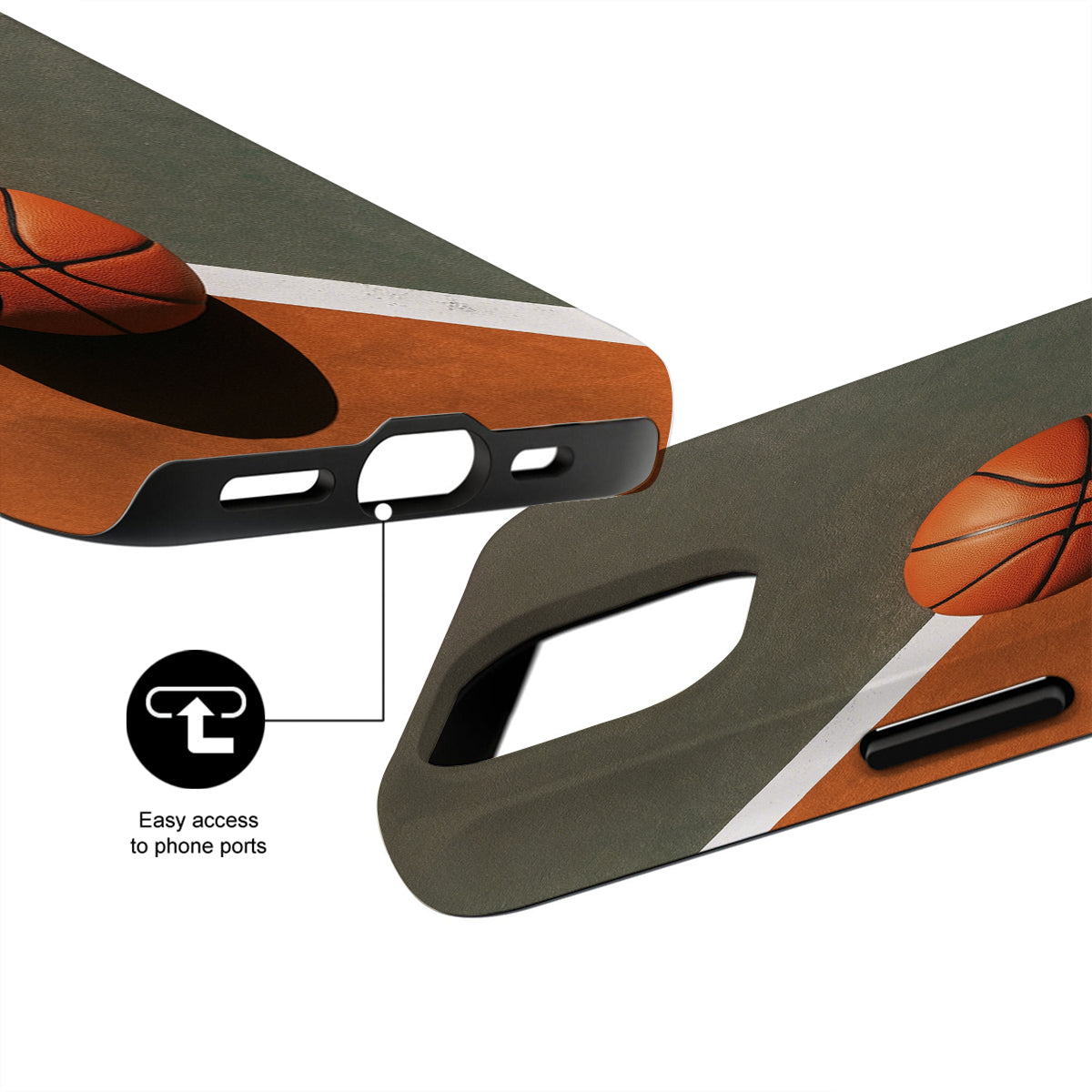 Basketball-themed phone case with ports accessible design on a white background