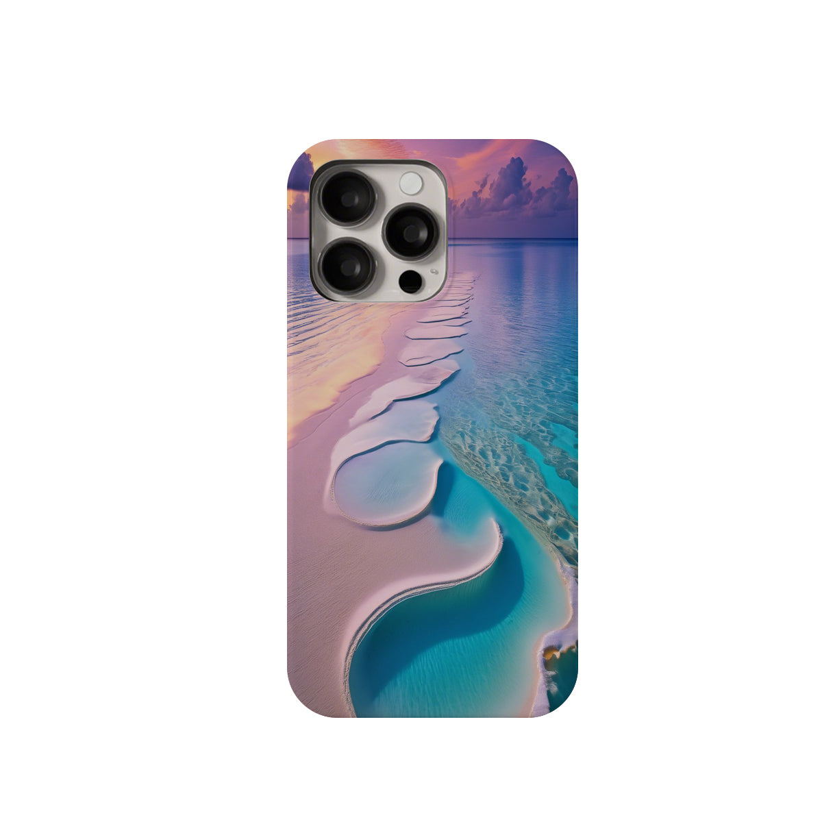 Phone case with a beach and ocean design on a white background