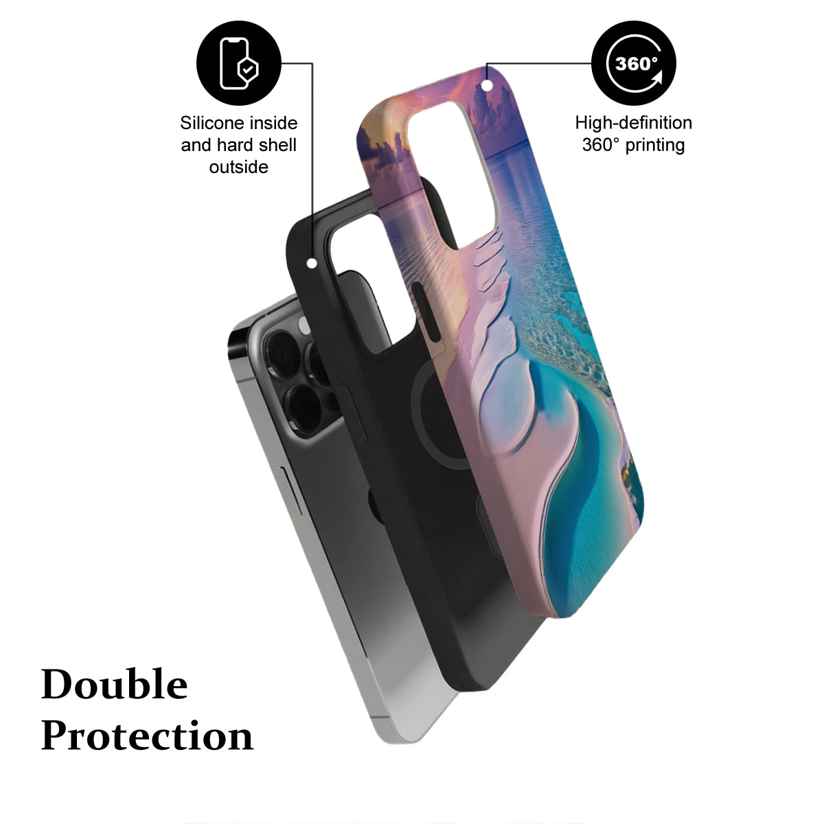 Phone case with colorful design and text highlighting features on a white background