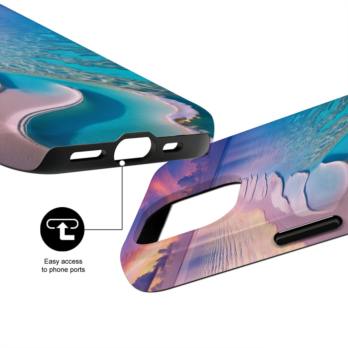 Phone case with scenic design and easy access to phone ports feature