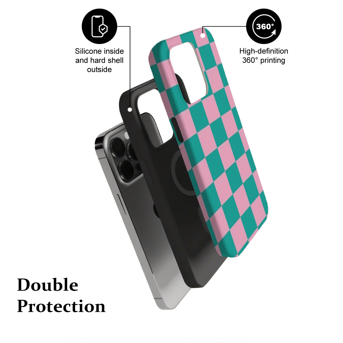 Phone case with checkered design and text highlighting features on a white background
