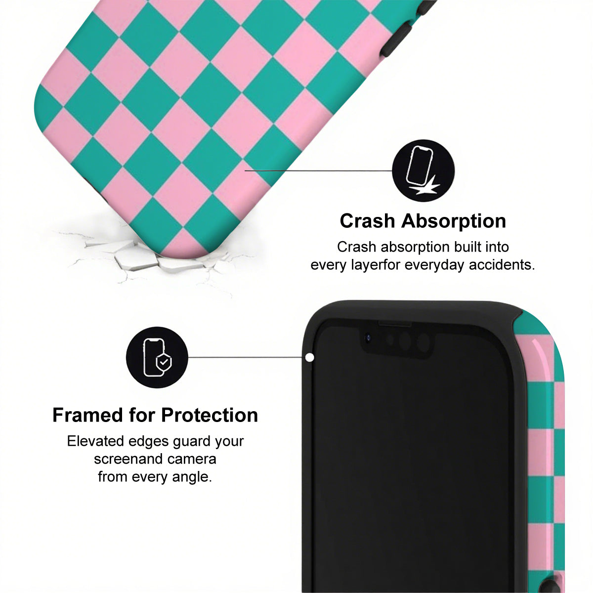 Phone case with checkered design and text highlighting crash absorption and protection features.