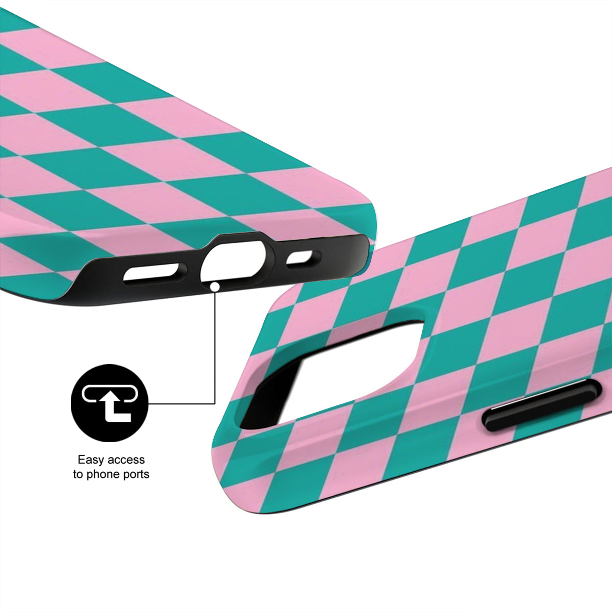 Phone case with pink and teal checkered pattern and easy access to phone ports illustration.