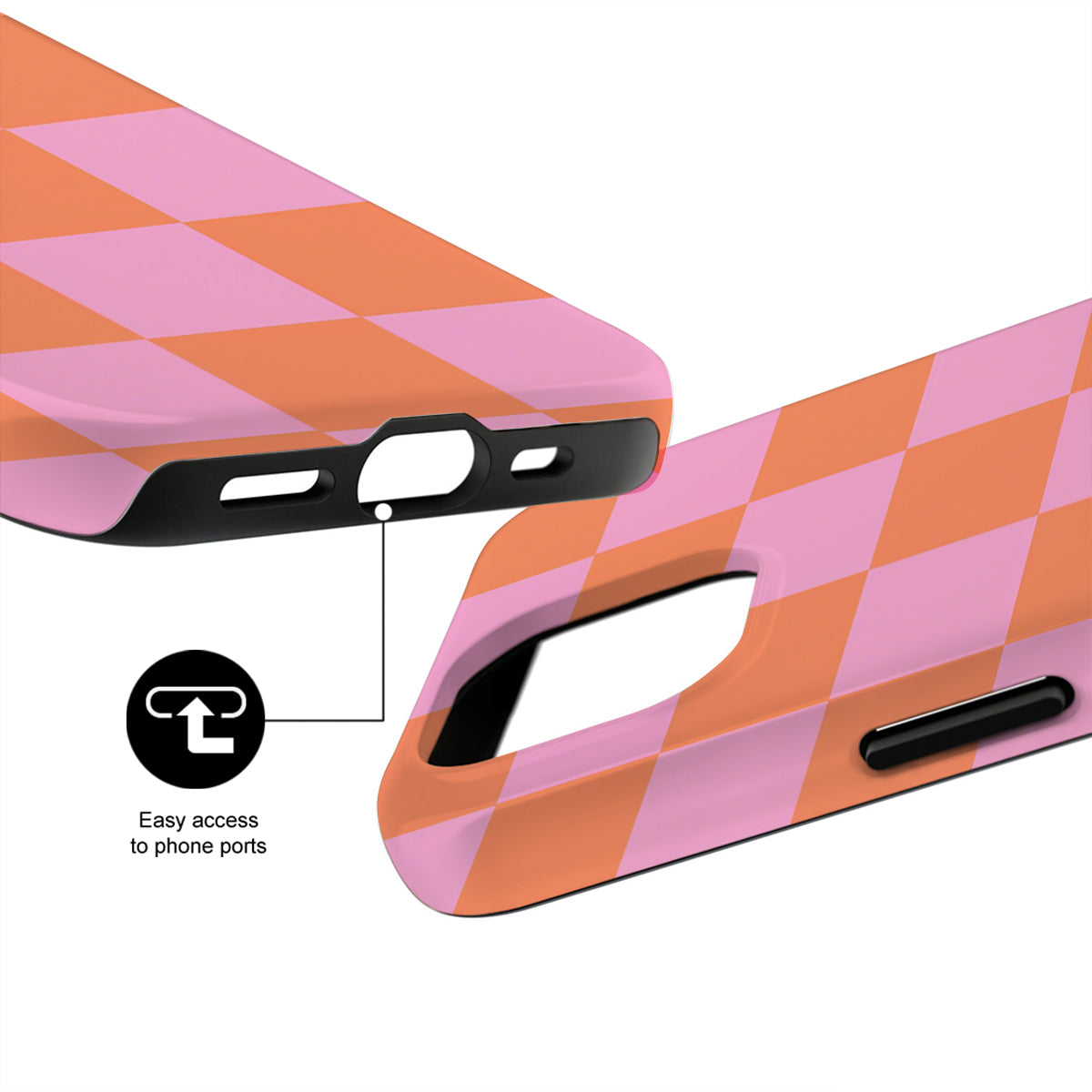 Phone case with pink and orange checkered pattern on a white background