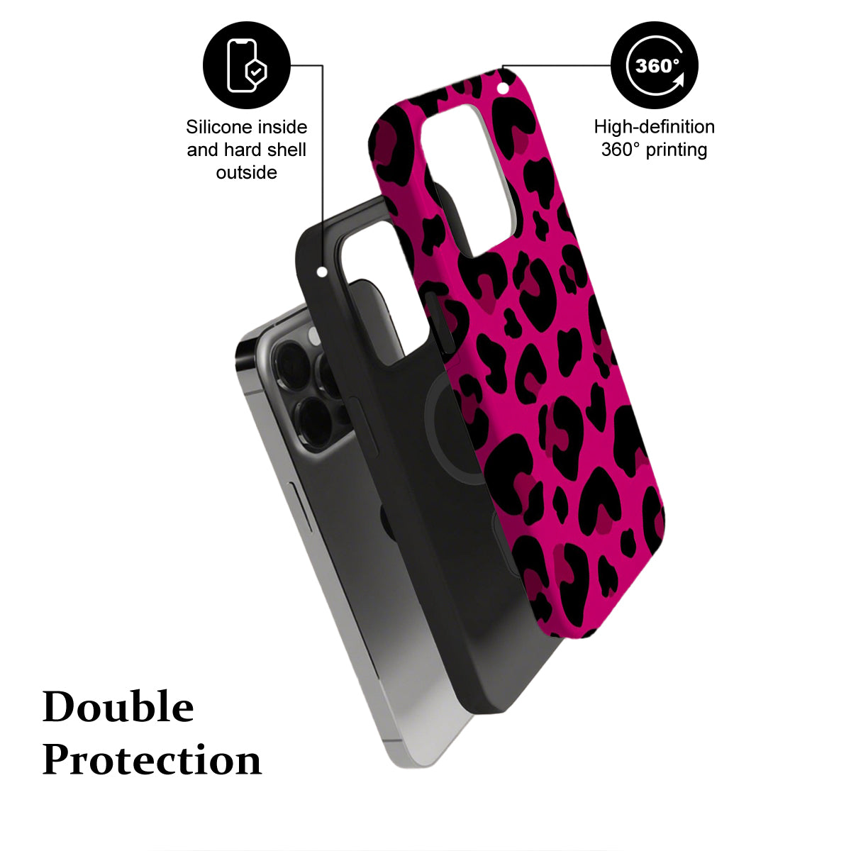 Phone case with pink leopard print design and text highlighting features on a white background