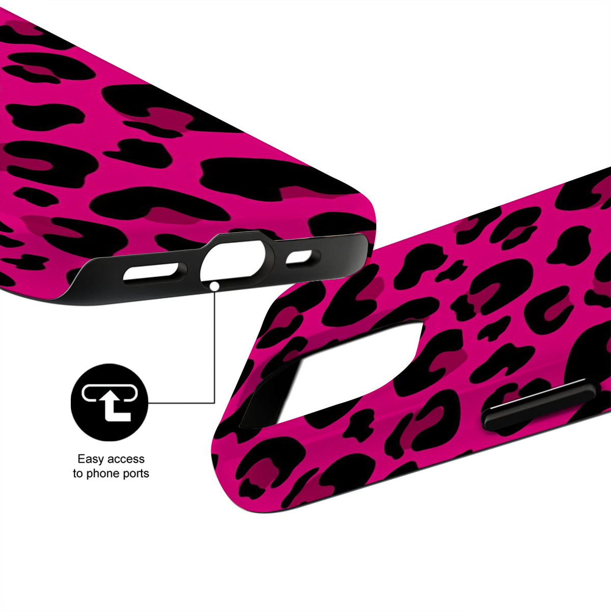 Pink phone case with black leopard print design on a white background