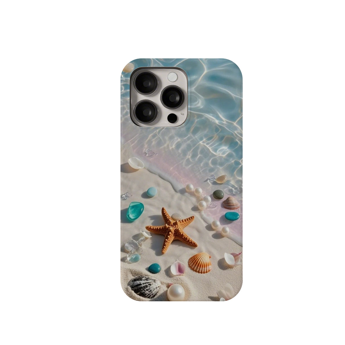 Phone case with beach design featuring shells and a starfish on a white background