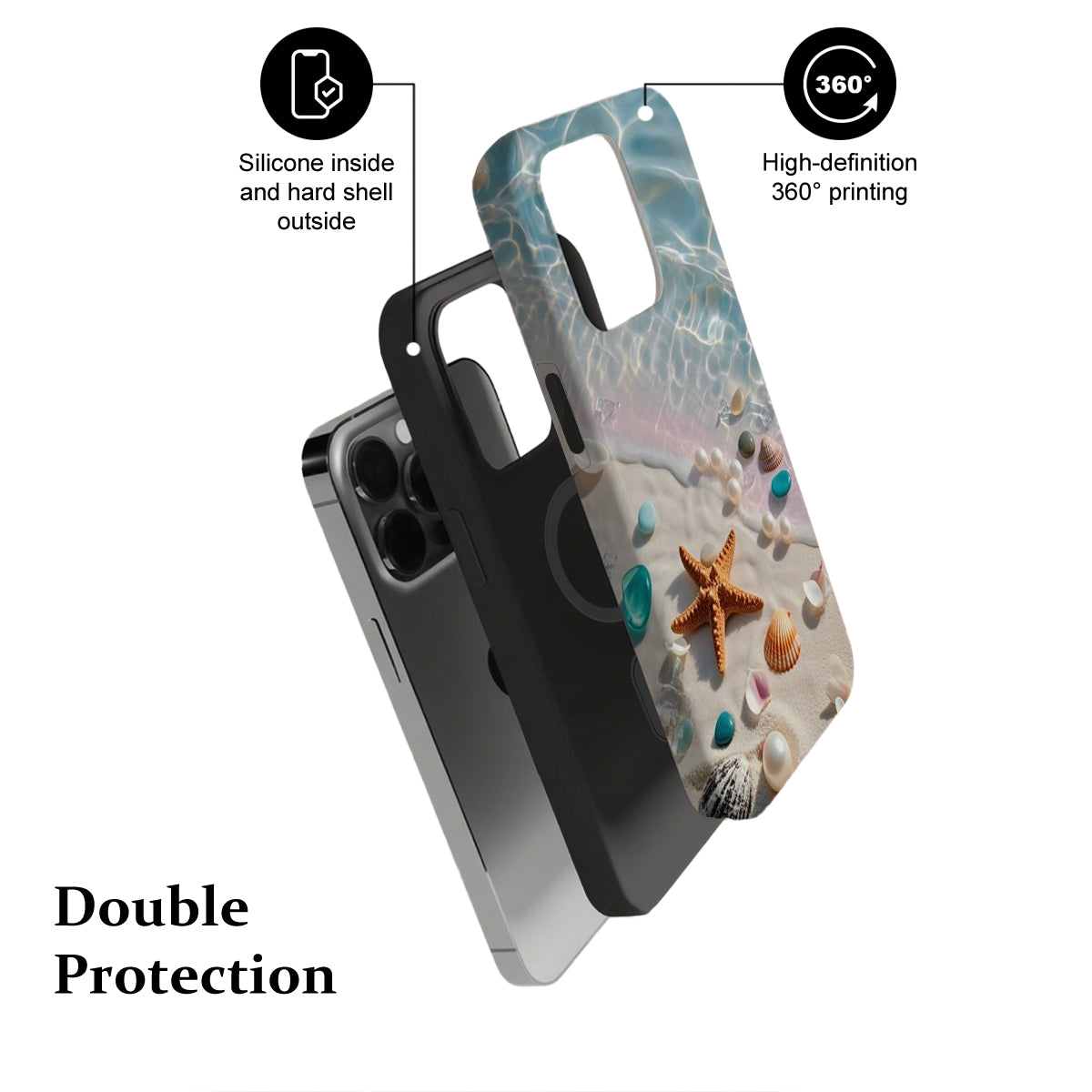 Phone case with seashell design and text highlighting features on a white background