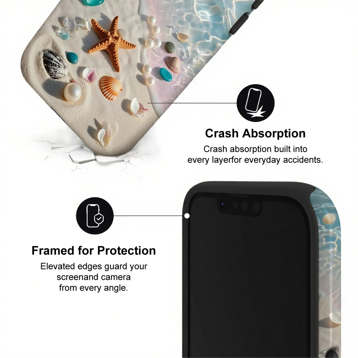 Phone case with beach-themed design and text highlighting crash absorption and protection.