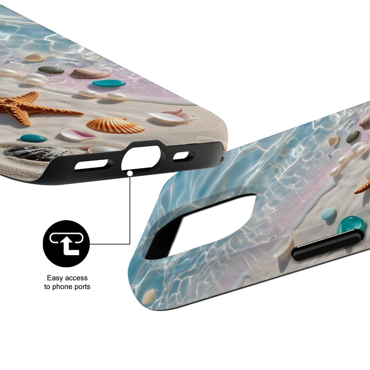 Phone case with beach-themed design featuring shells and starfish, showing ease of access to phone ports.