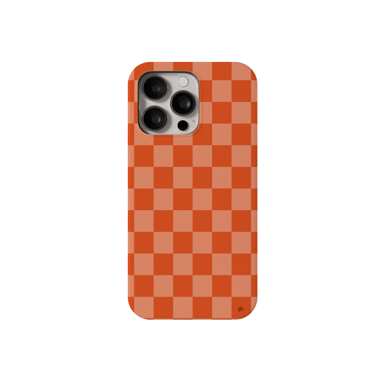 Phone case with orange and red checkered pattern on a white background