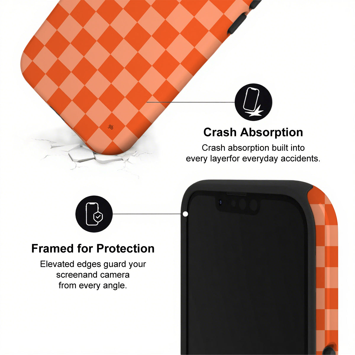 Phone case with checkered pattern and text highlighting crash absorption and protection features.