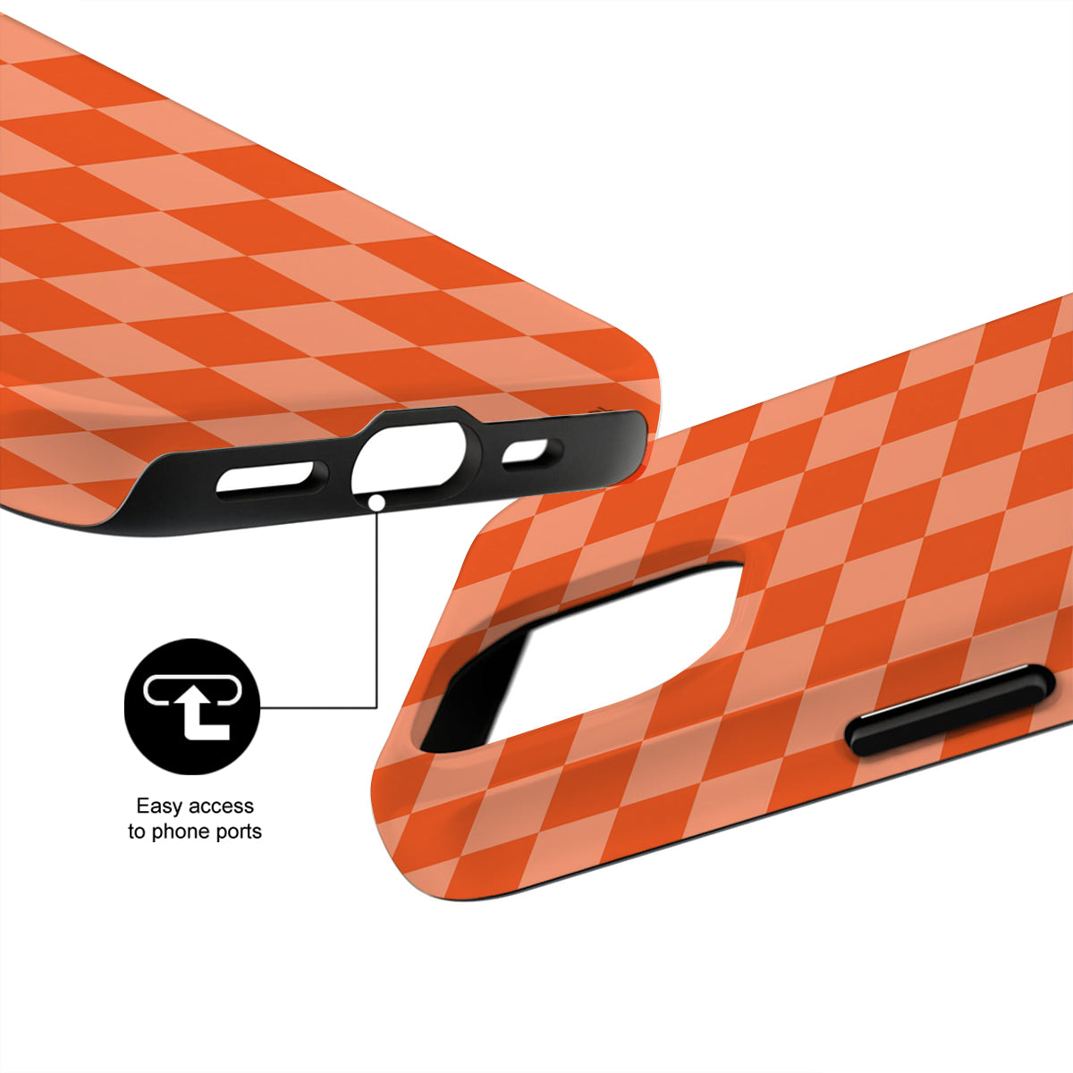 Orange checkered phone case with ports easily accessible feature on a white background