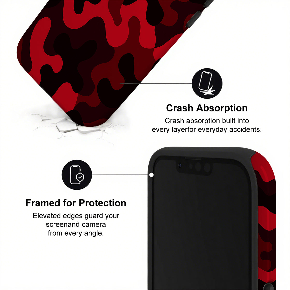 Phone case with red and black camouflage pattern and text highlighting crash absorption and protection.