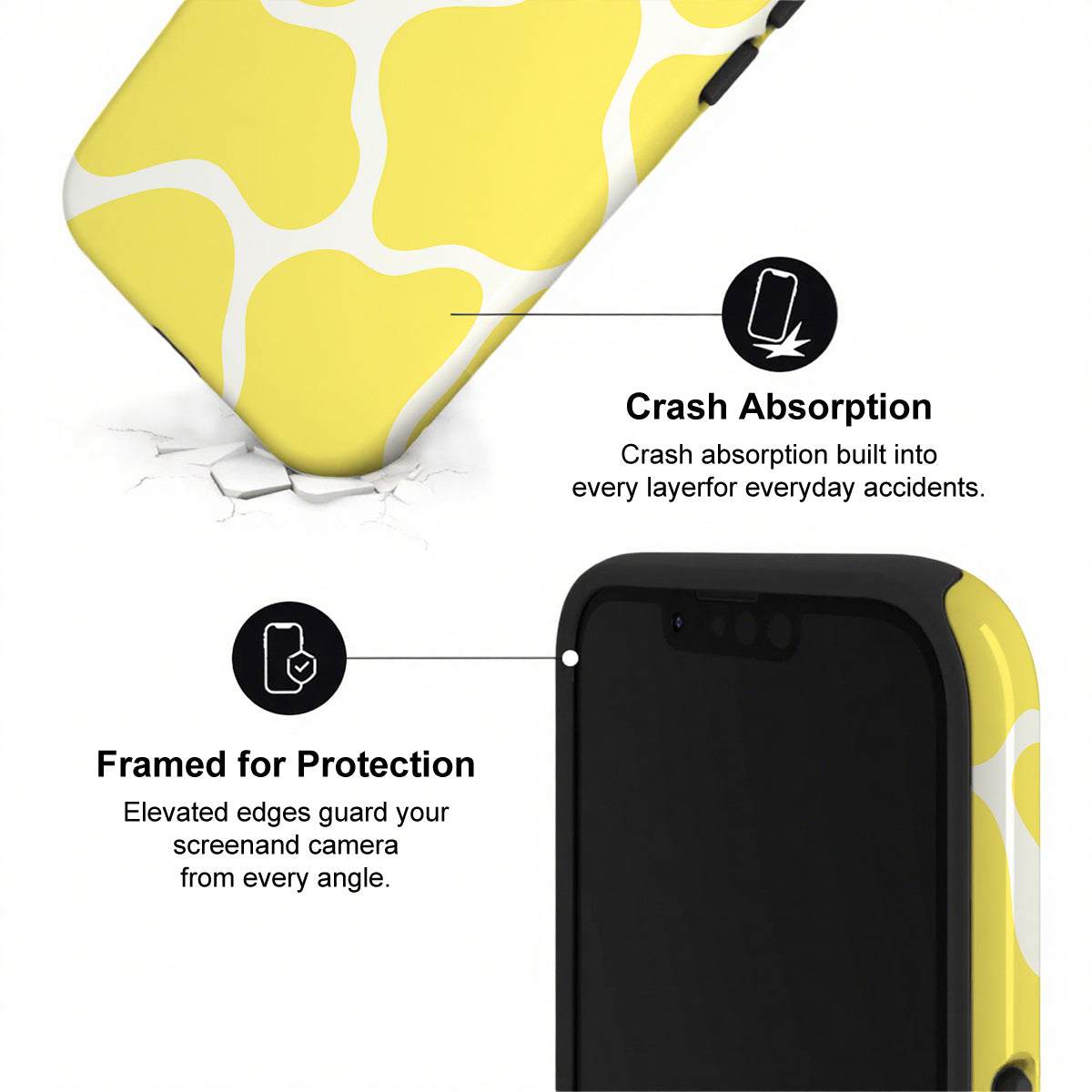 Phone case with yellow abstract design and text highlighting crash absorption and protection features.
