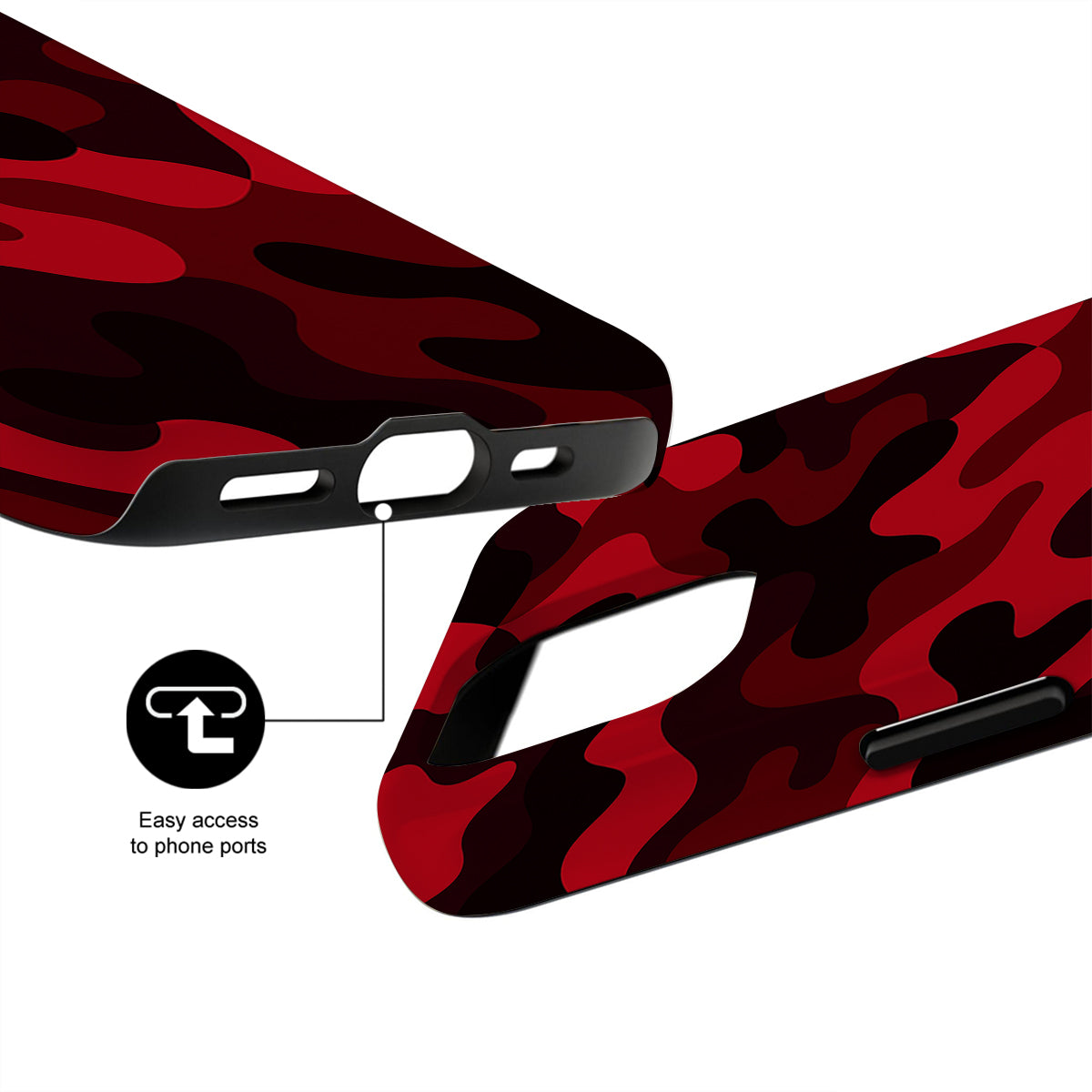 Red and black camouflage phone case with ports easily accessible feature on a white background