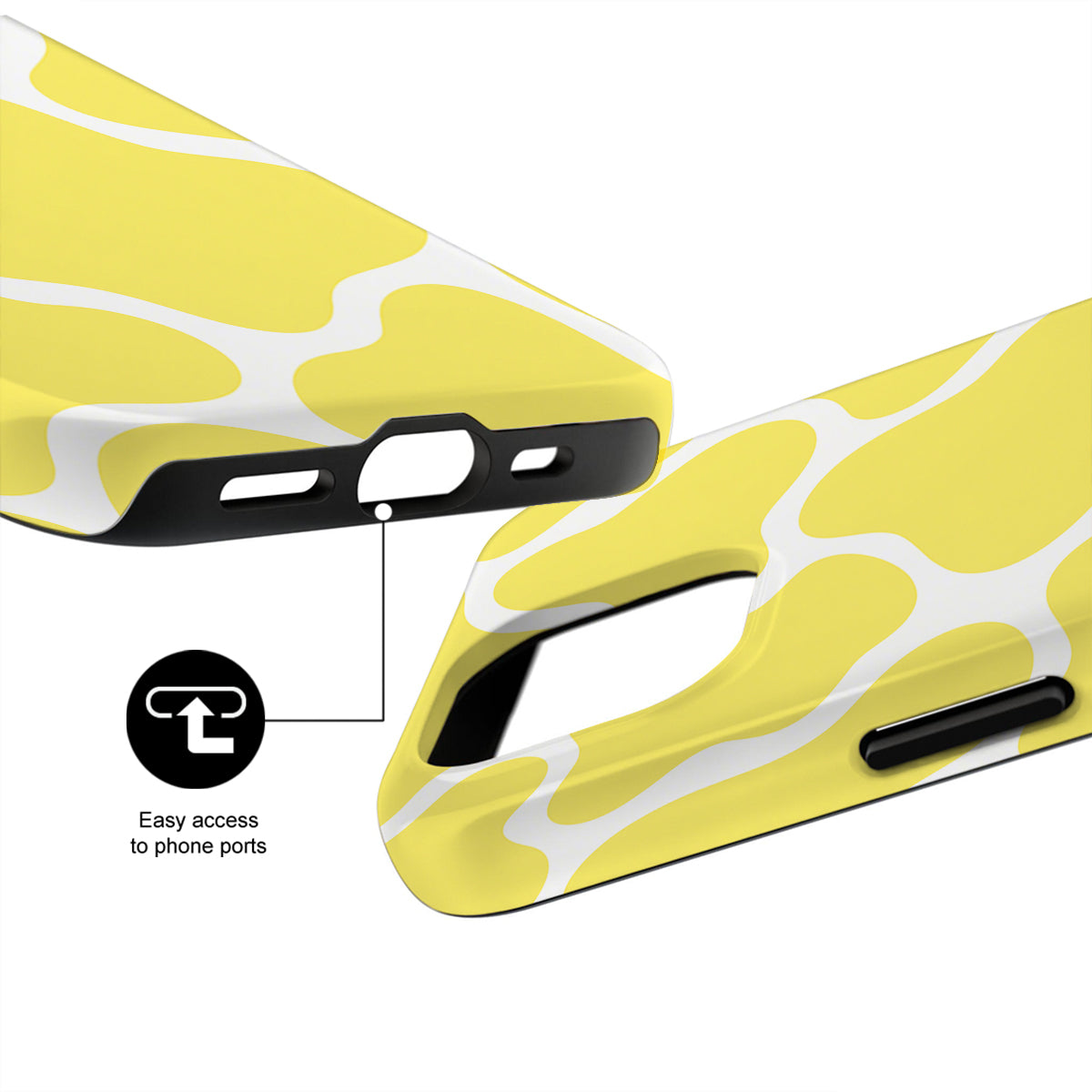 Yellow and white phone case with design details on a white background