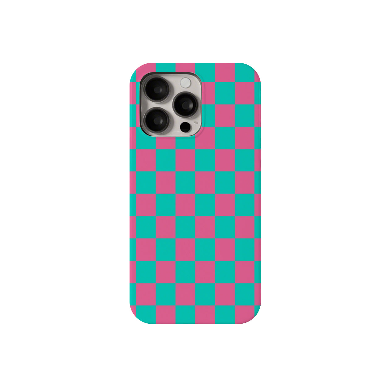 Phone case with a checkered pattern of pink and teal on a white background