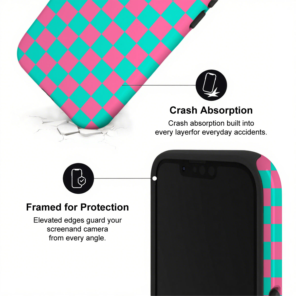 Phone case with checkered design and text highlighting crash absorption and protection features.