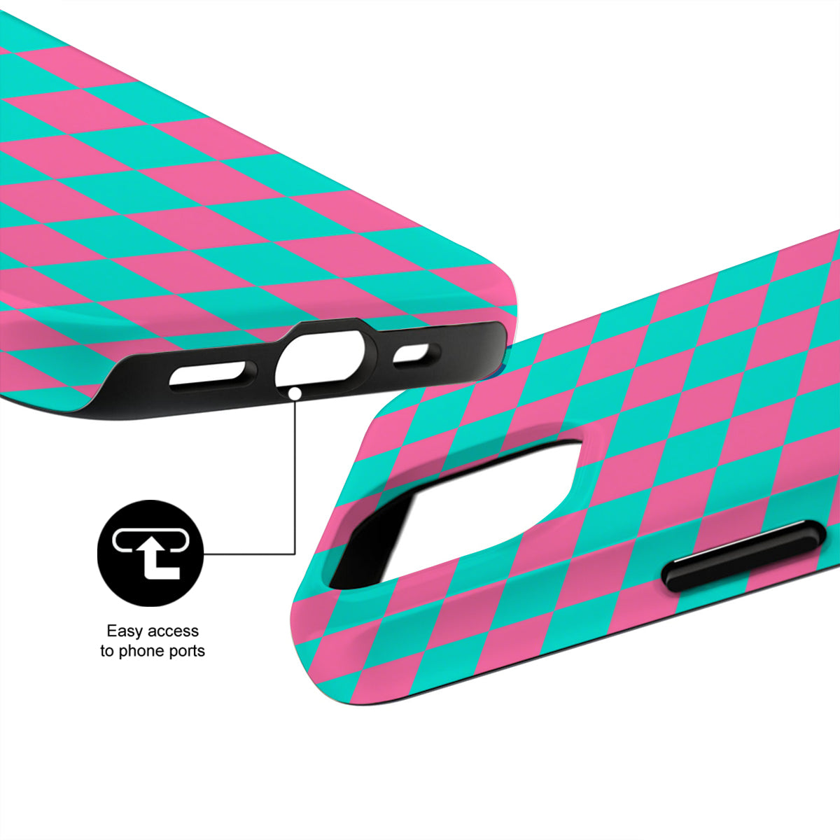 Phone case with pink and teal checkered pattern on a white background