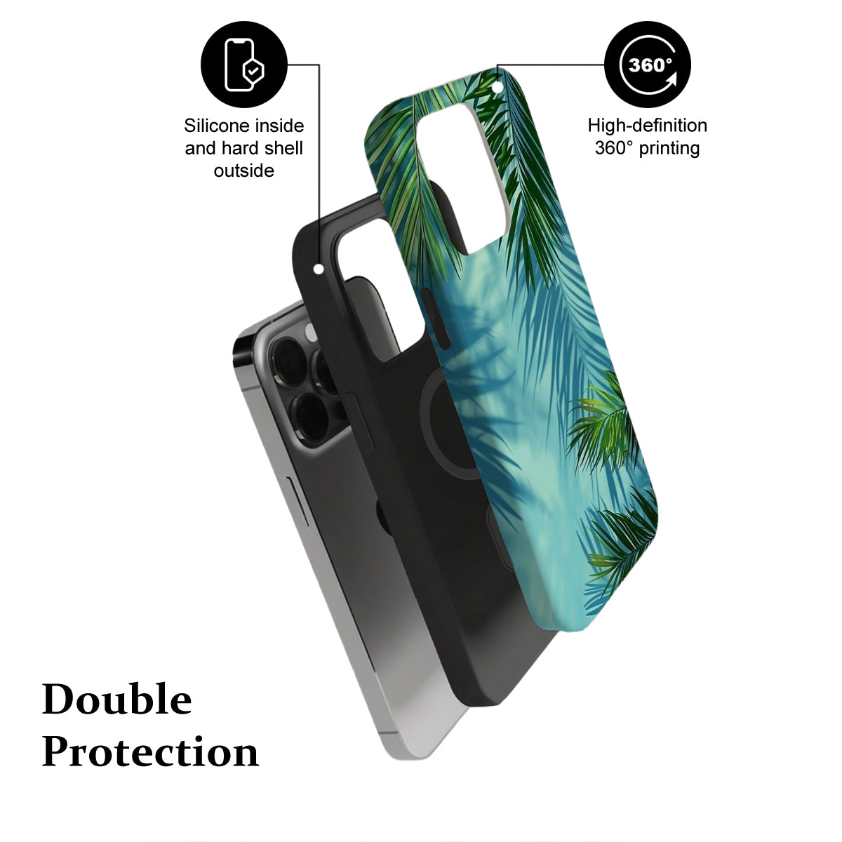 Phone case with palm leaf design and text highlighting features on a white background