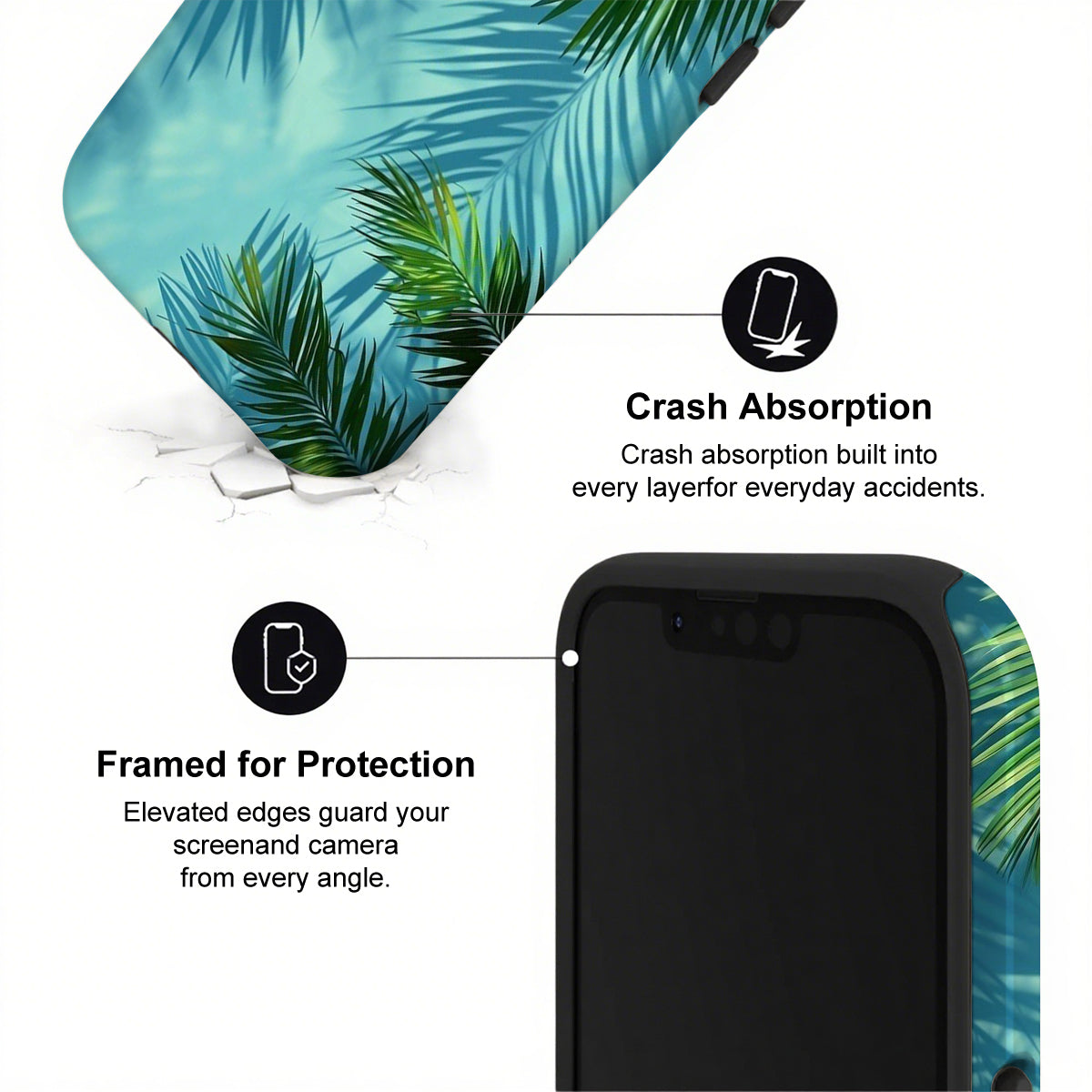 Phone case with palm leaf design and text highlighting crash absorption and protection features.