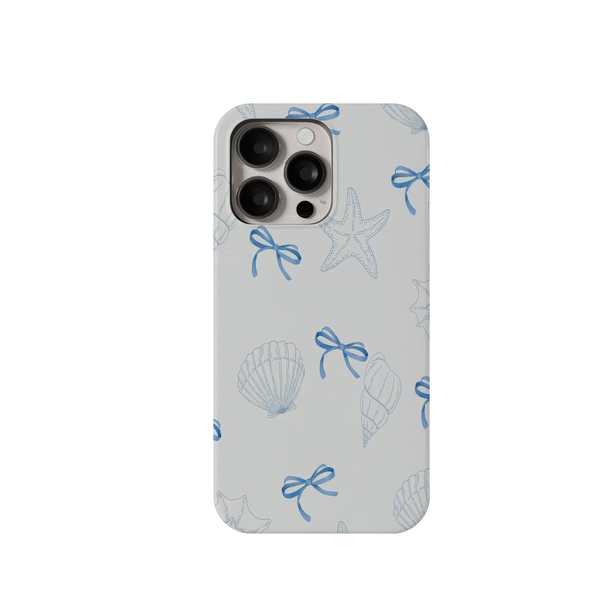 Phone case with blue bows and starfishes on a light gray background