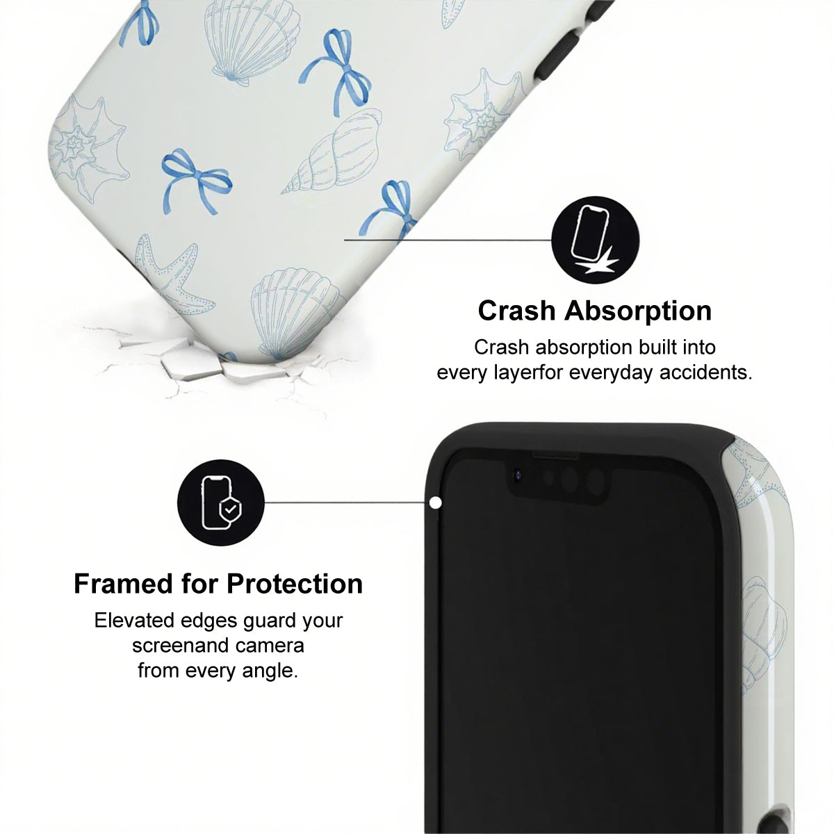 Phone case with seashell and bow design and text highlighting crash absorption and protection features.