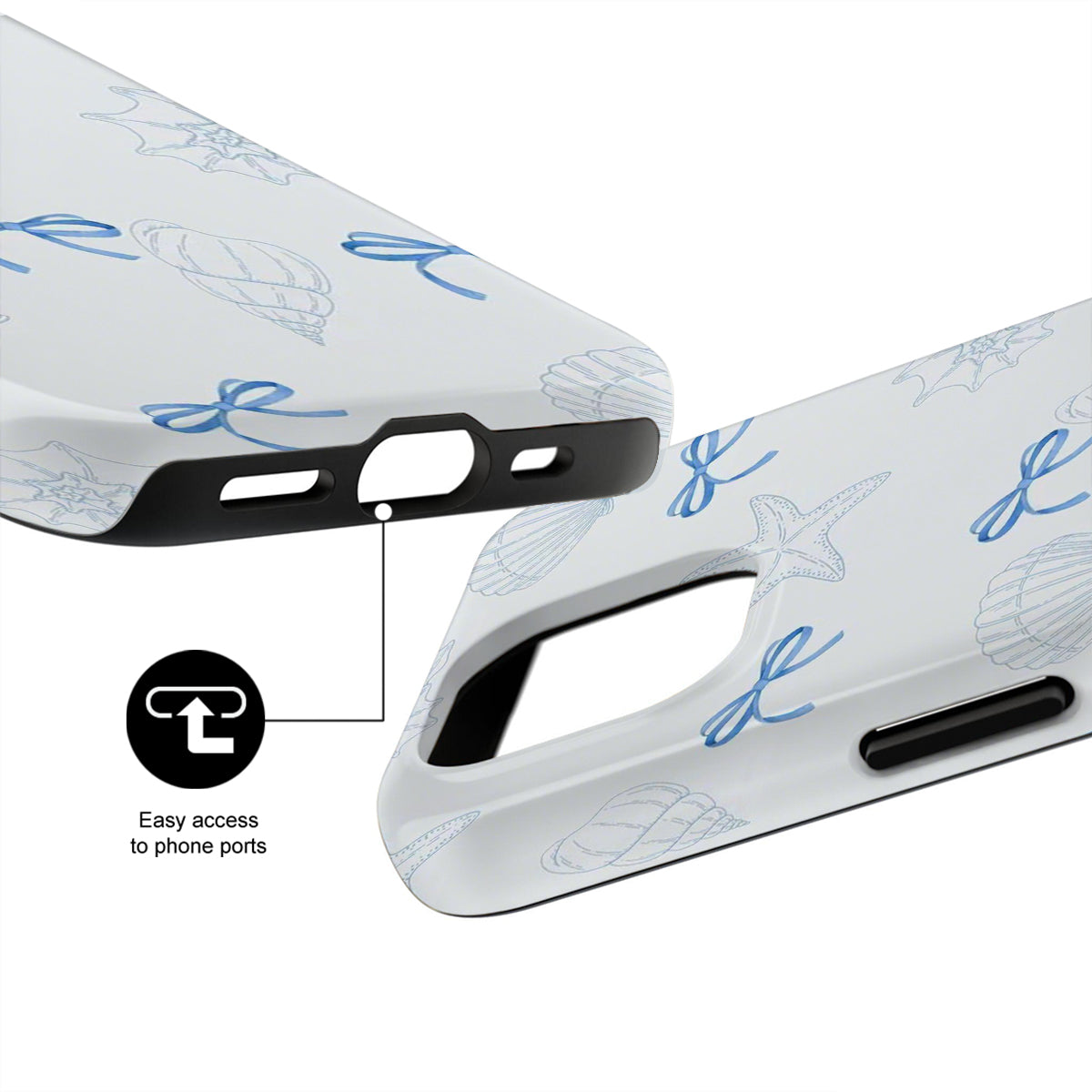 White phone case with blue designs and ports highlighted on a white background