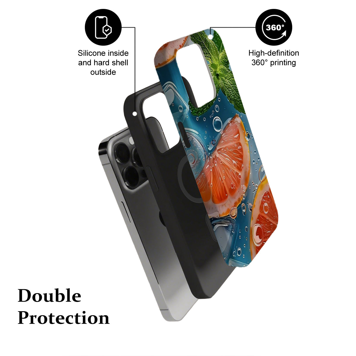 Phone case with 360-degree printing and double protection features on a white background
