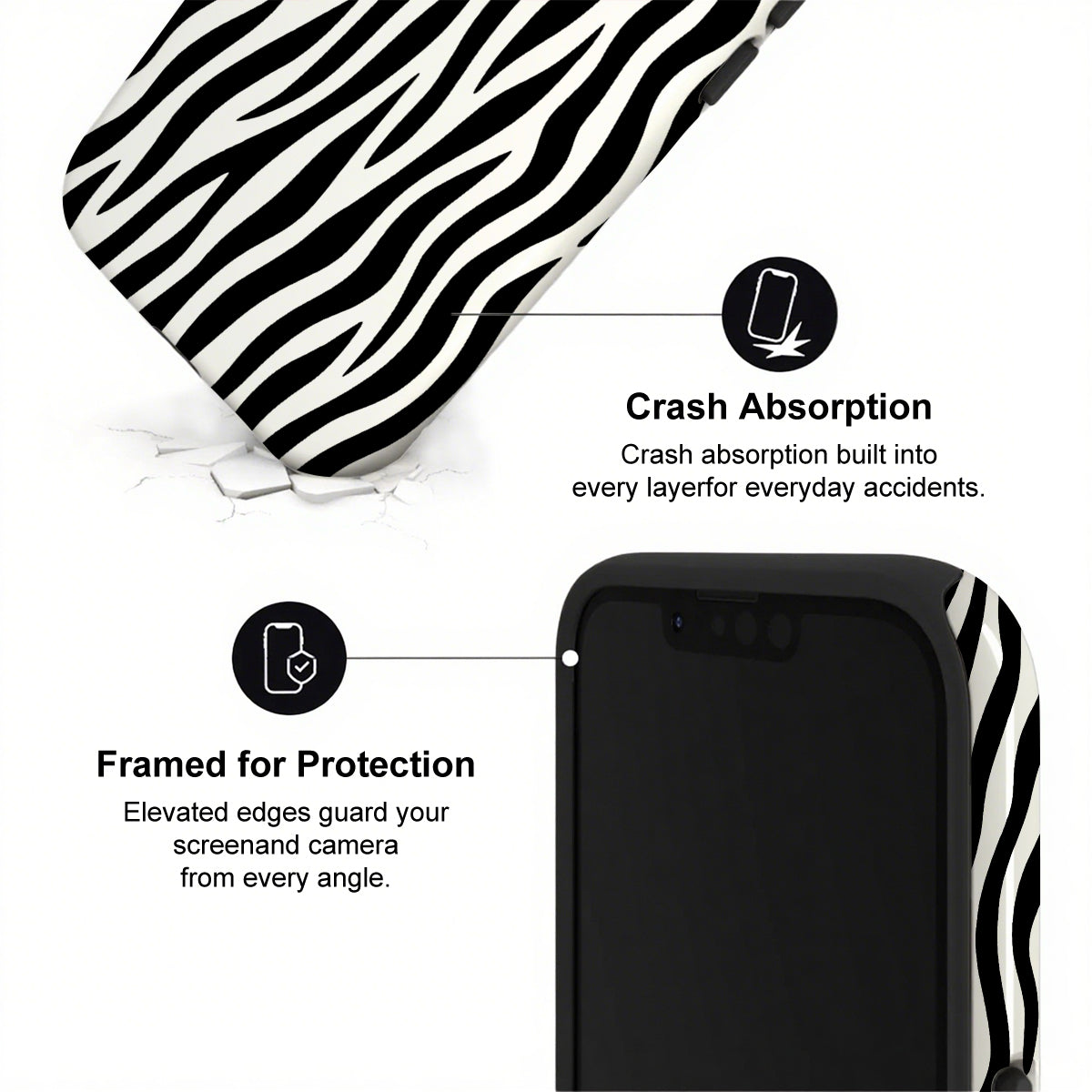 Phone case with zebra pattern and text highlighting crash absorption and protection features.