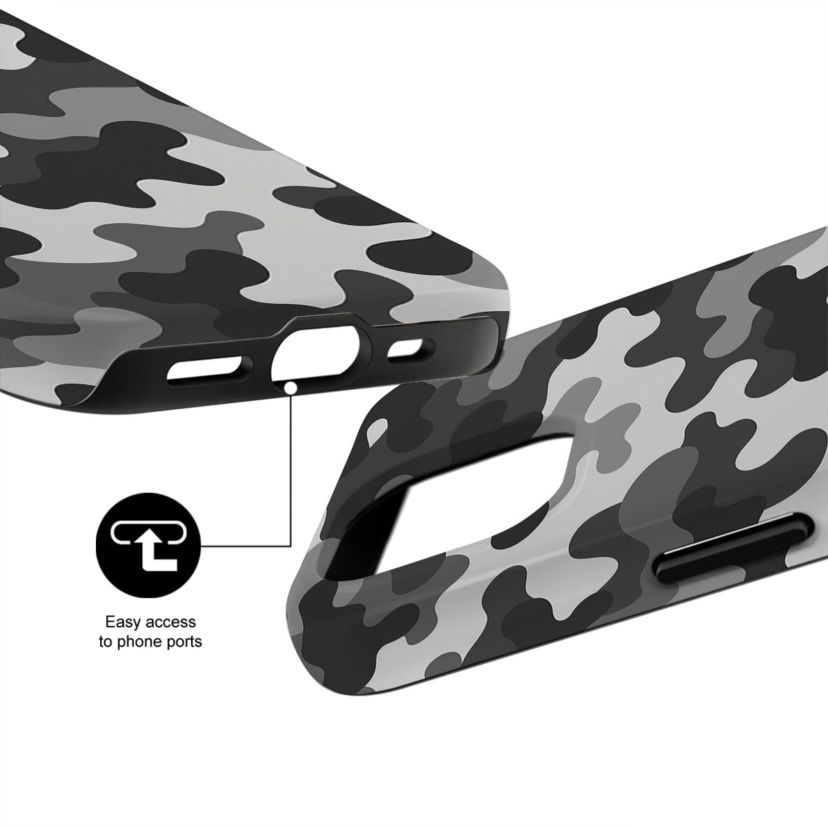Camouflage phone case with easy access to phone ports feature on a white background
