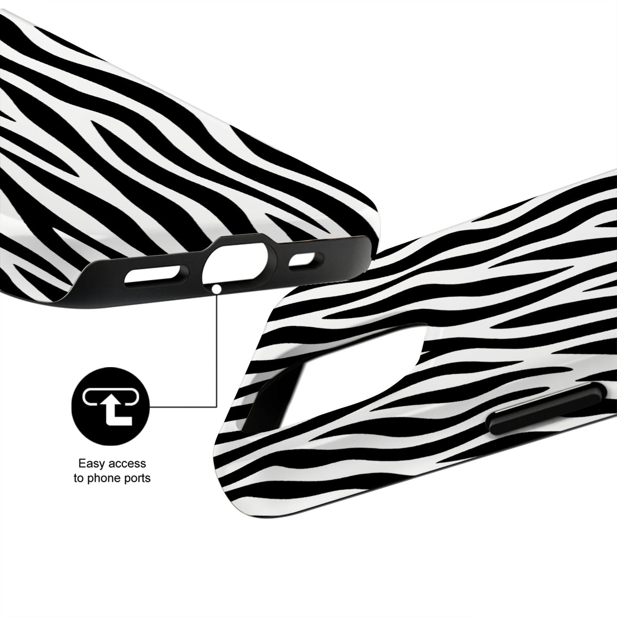 Zebra-patterned phone case with ports highlighted on a white background