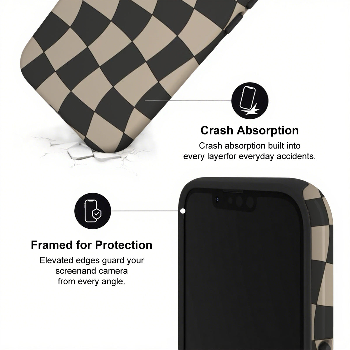 Phone case with checkered pattern and text highlighting crash absorption and protection features.