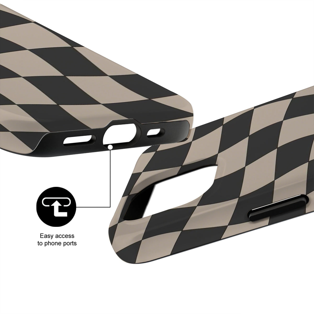Checkered phone case with easy access to phone ports feature on a white background