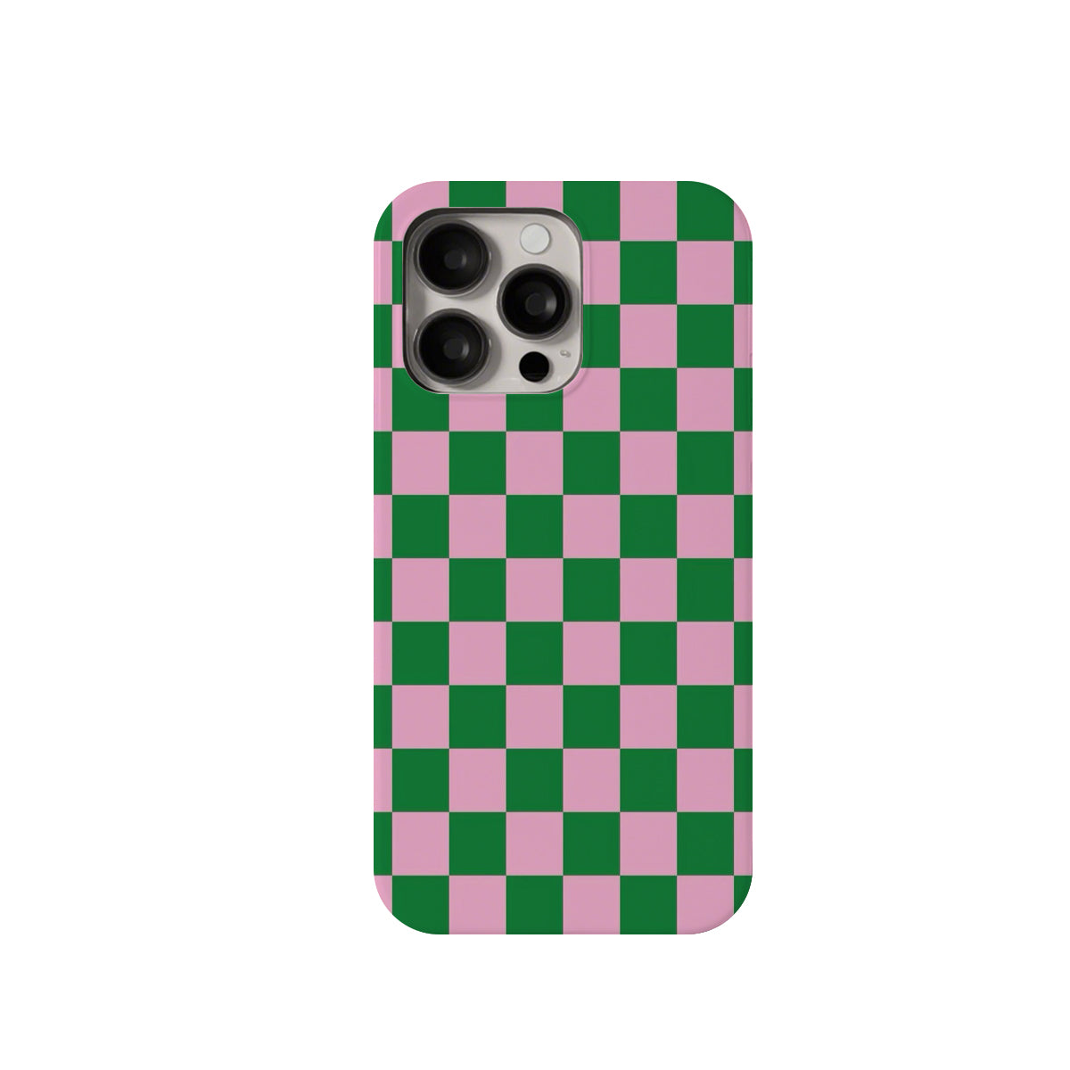 Phone case with green and pink checkered pattern on a white background