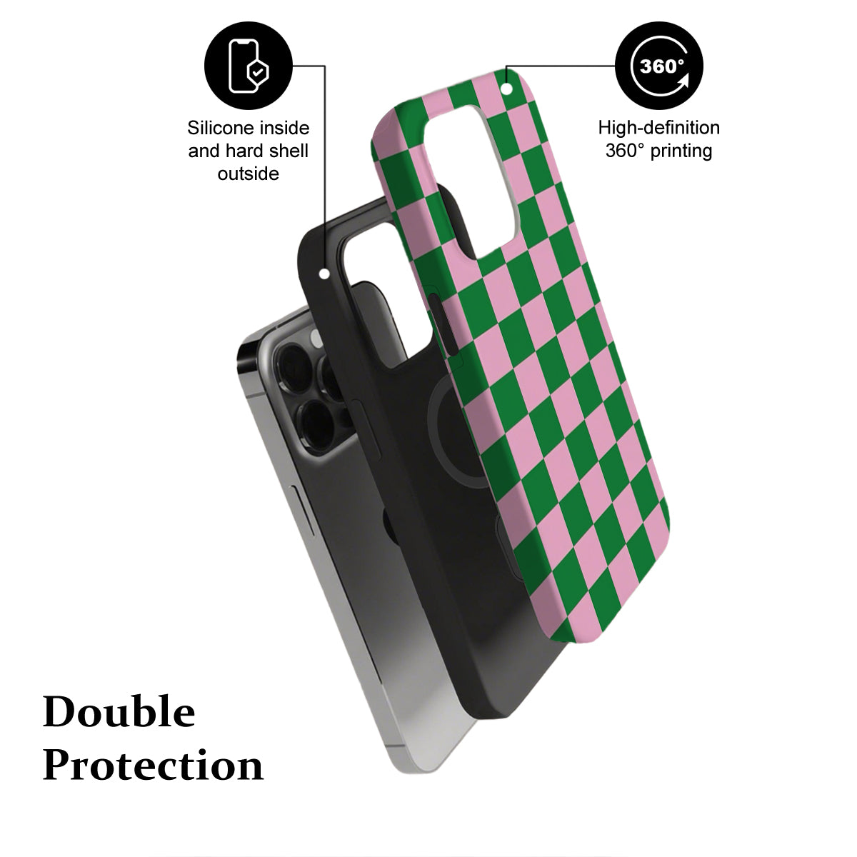 Phone case with green and pink checkered design on a white background