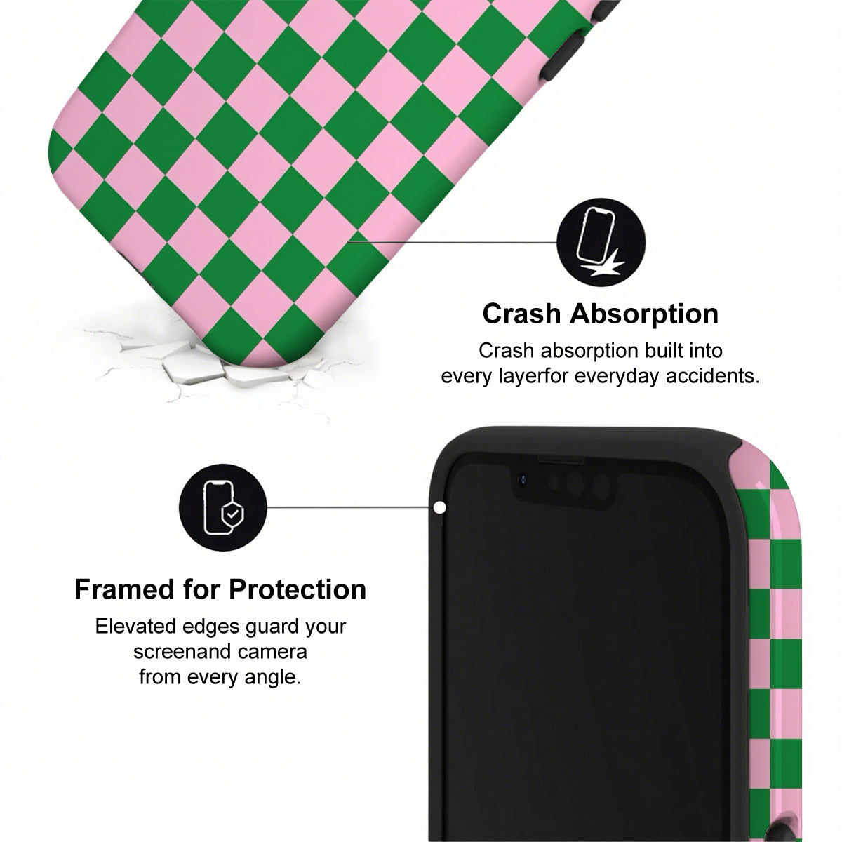 Phone case with green and pink checkered pattern and text about crash absorption and protection.