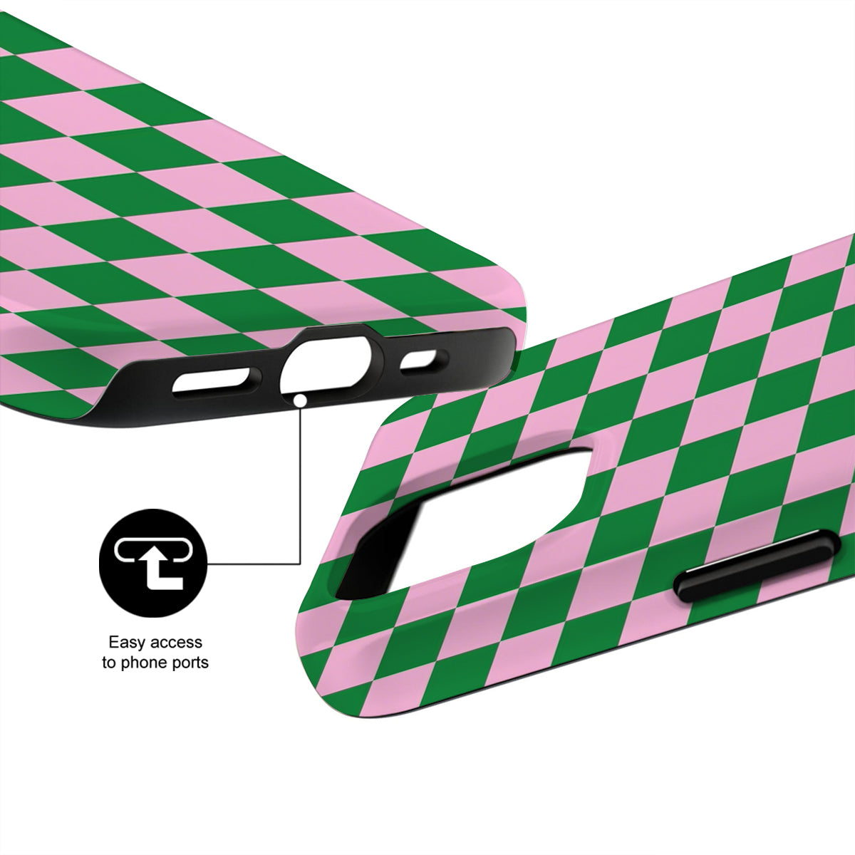 Pink and green checkered phone case with clear ports on a white background