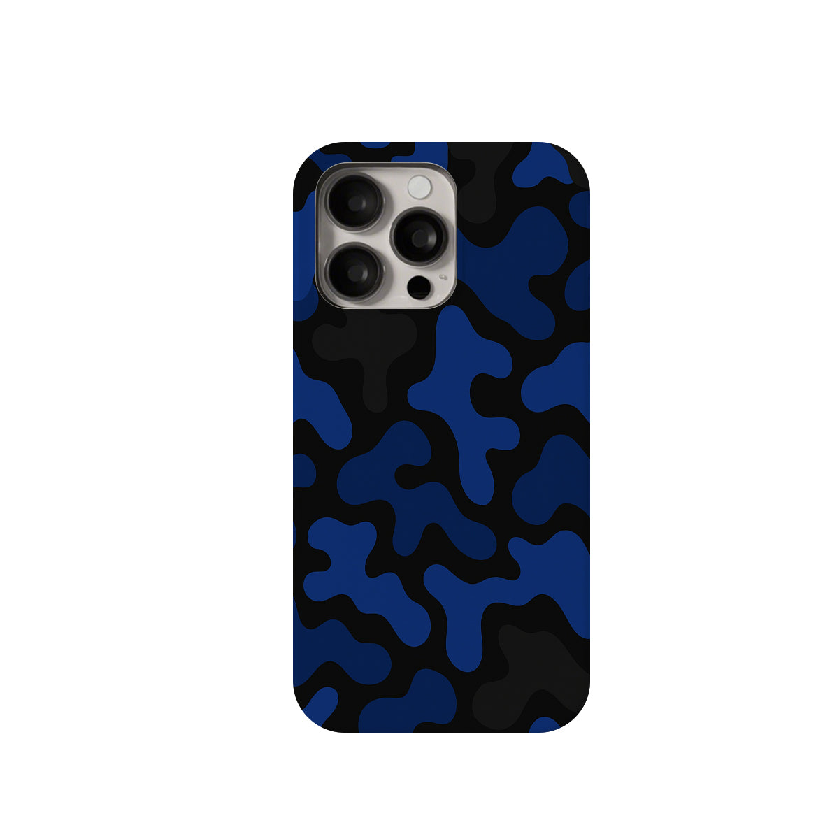 Phone case with blue and black camouflage pattern on a white background