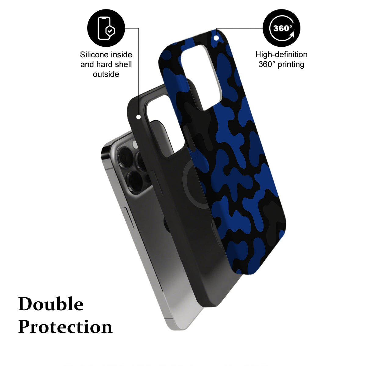 Phone case with blue and black pattern, featuring text on double protection and printing quality.