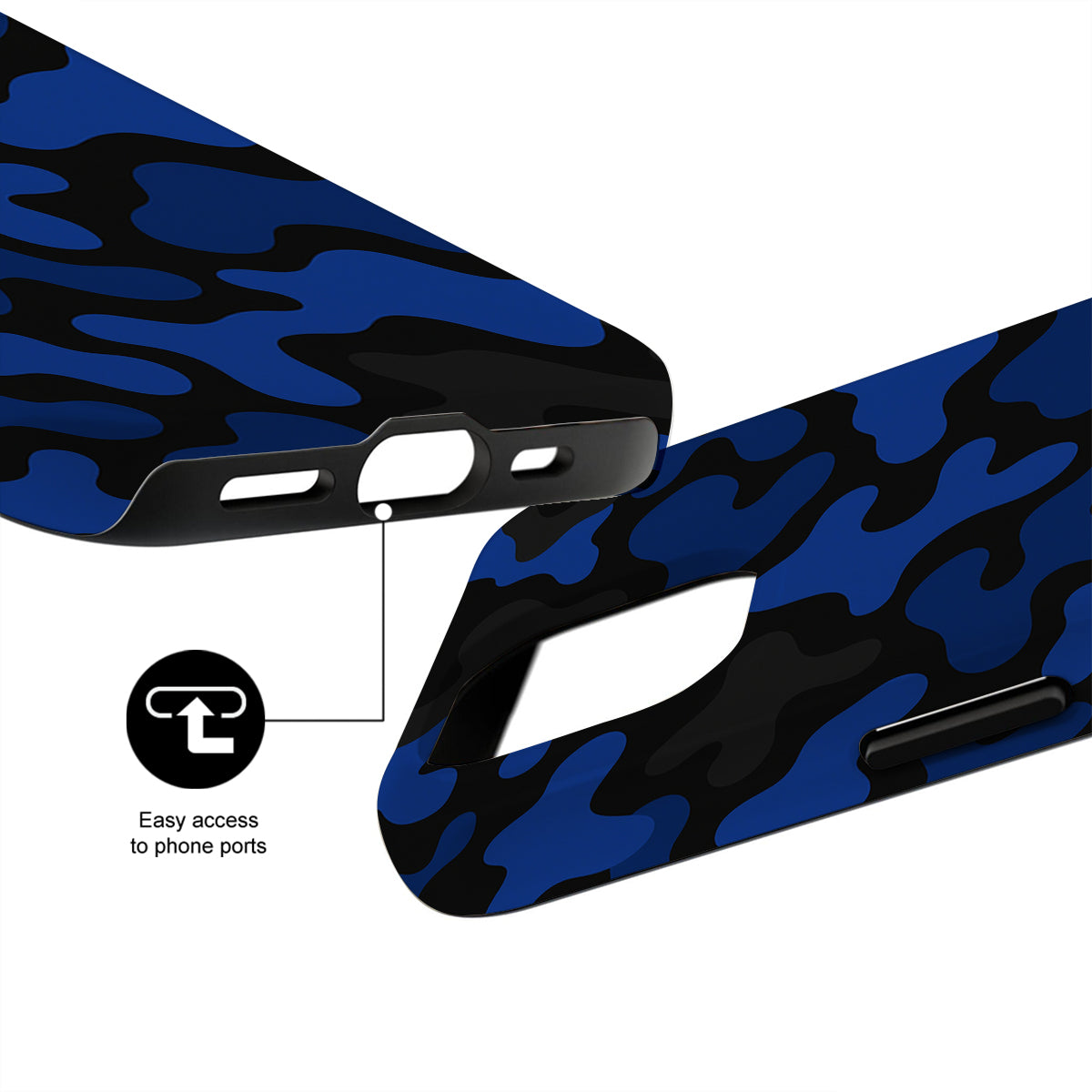 Blue and black camouflage phone case with easy access to phone ports illustration