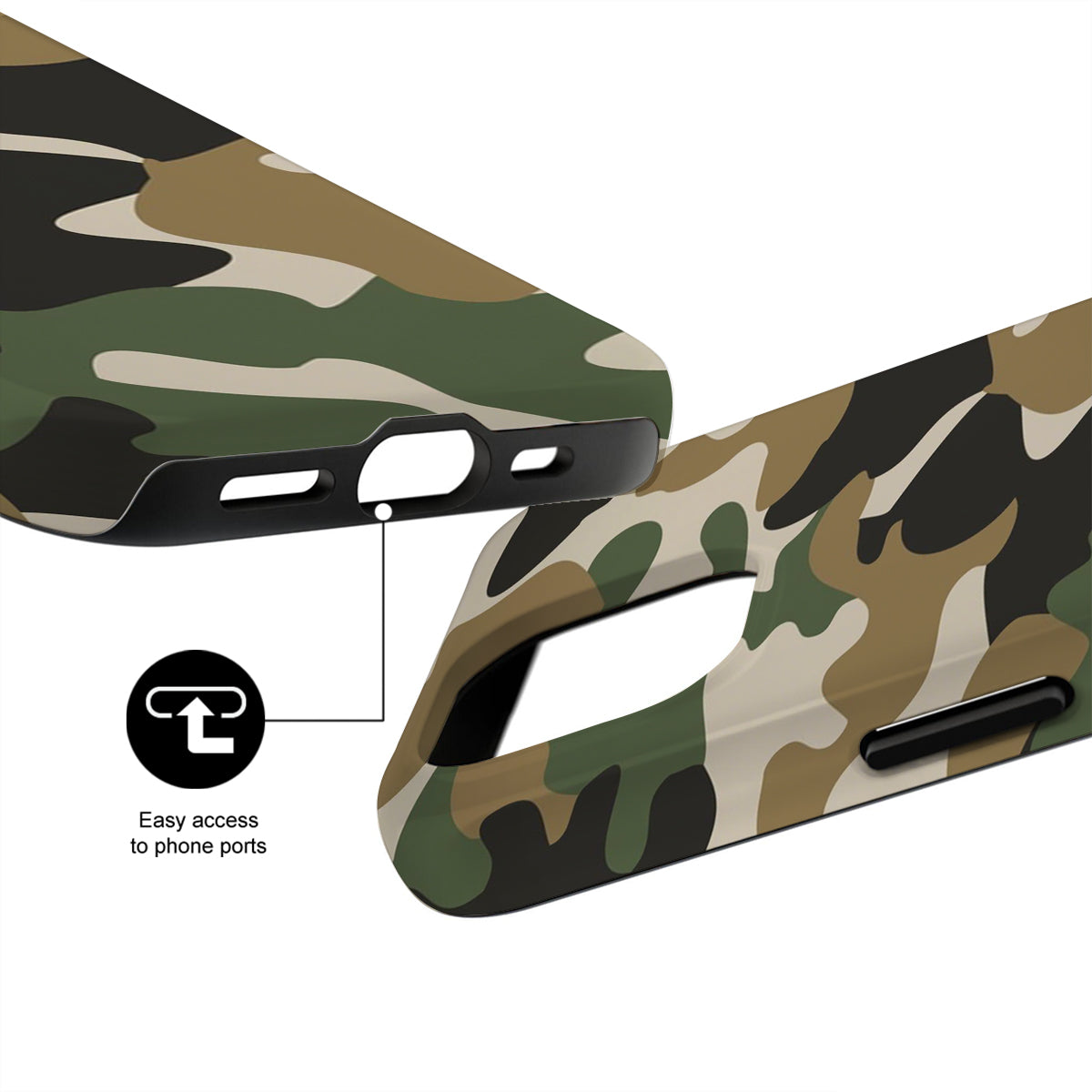 Camouflage phone case with easy access to phone ports feature on a white background