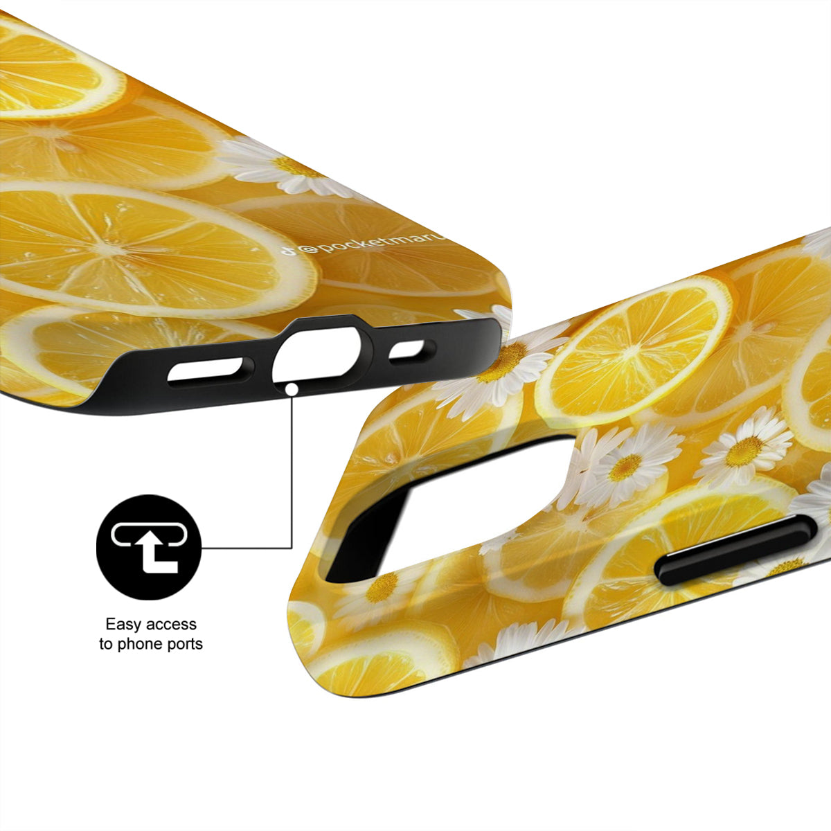 Phone case with lemon design and text indicating easy access to phone ports