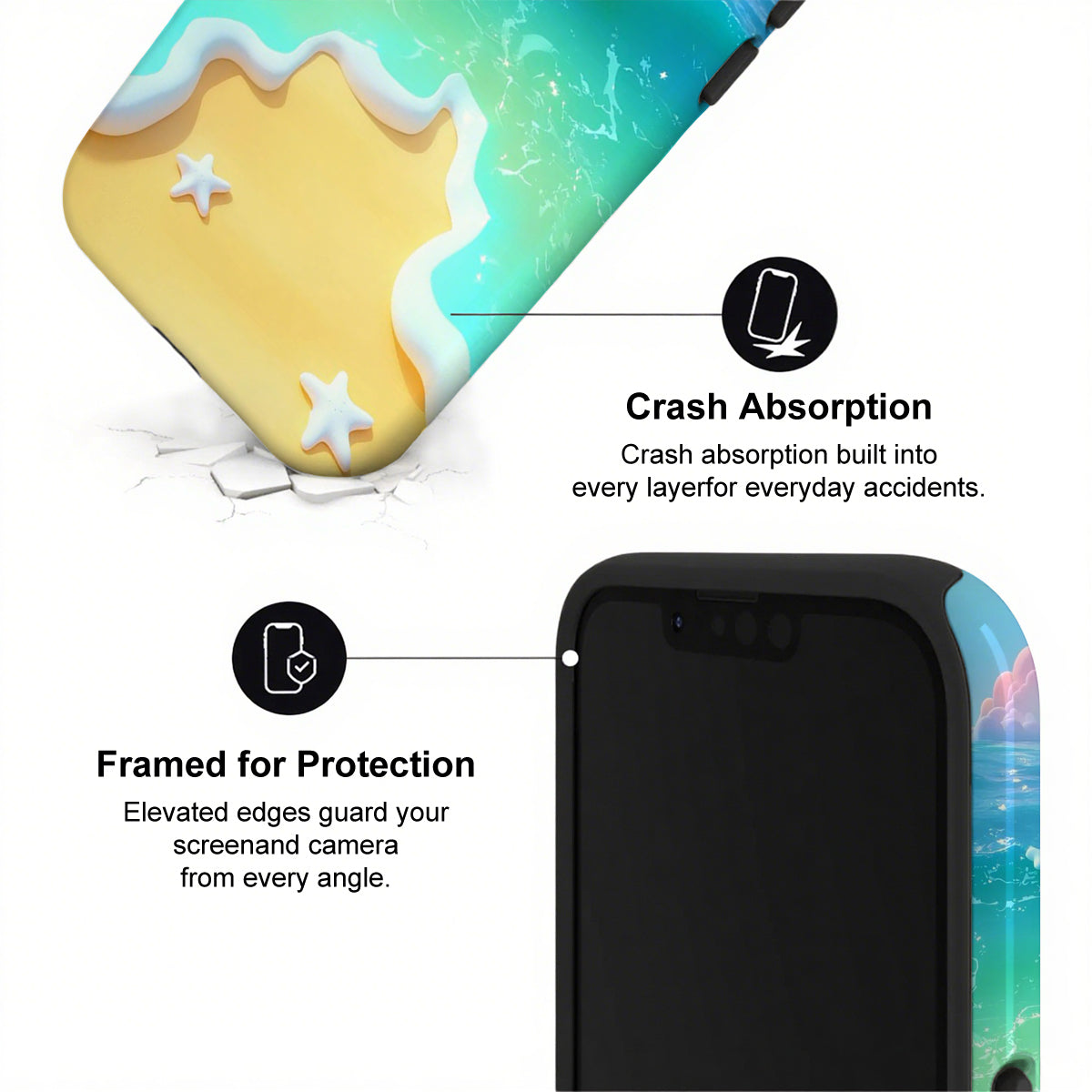 Phone case with crash absorption and framed protection features on a white background