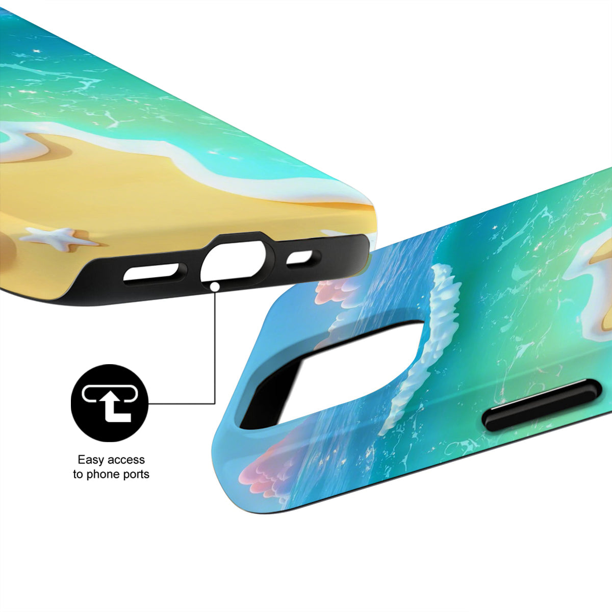 Phone case with a colorful design featuring a beach scene, showing easy access to phone ports.