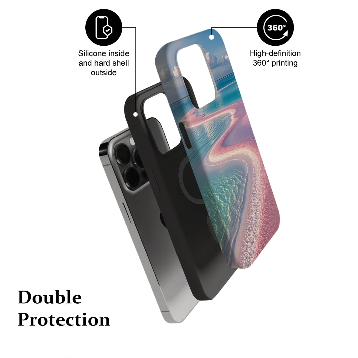 Phone case with silicone interior and hard shell exterior, featuring 360-degree printing.