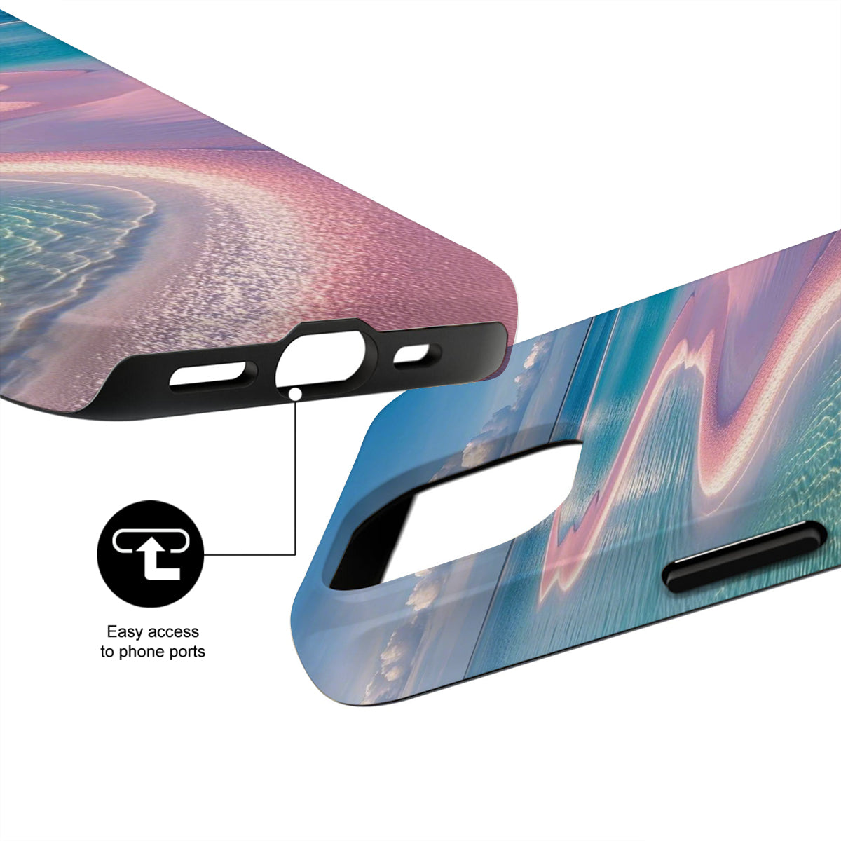 Phone case with easy access to phone ports feature on a white background