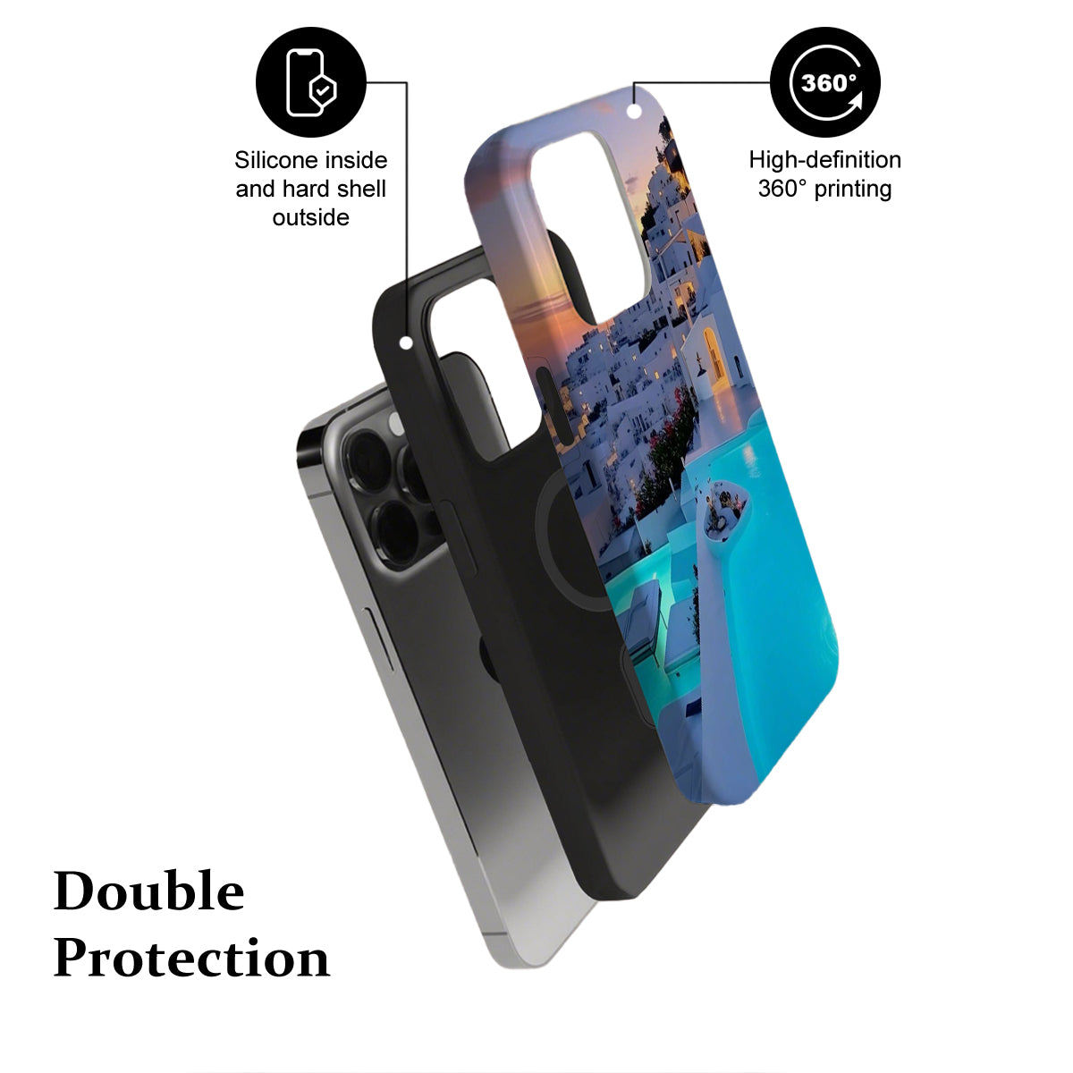 Phone case with features highlighted on a white background