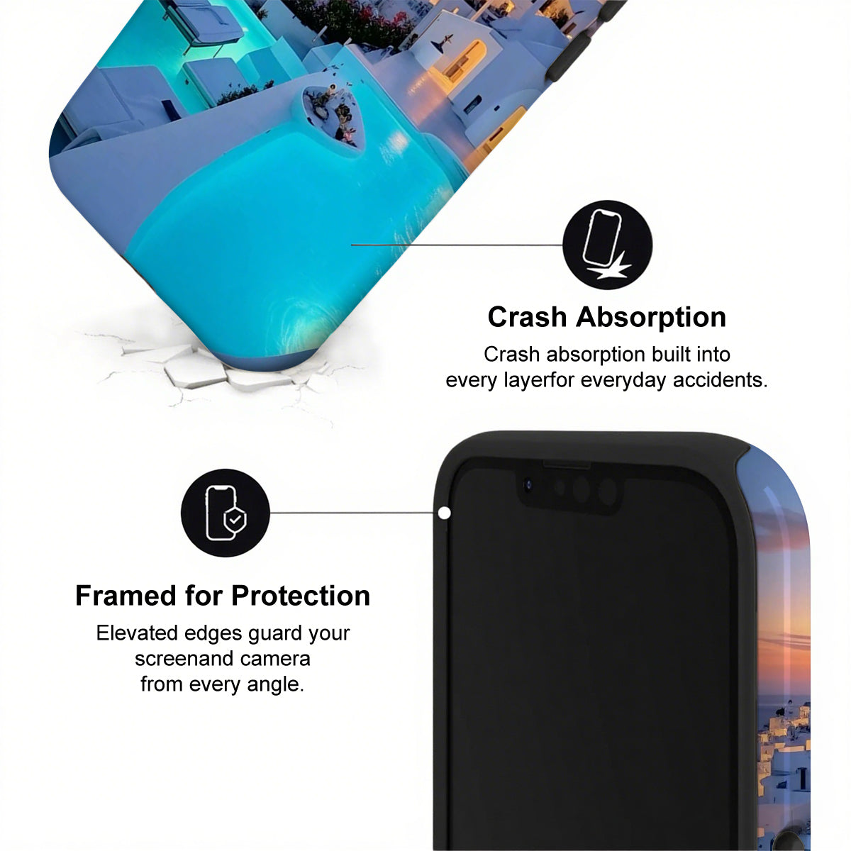 Phone case with crash absorption and framed protection features, shown with a cityscape background.